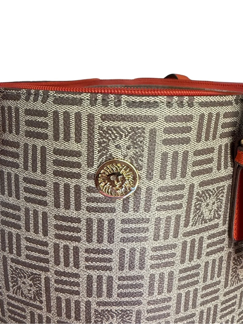Anne Klein Brown Logo Monogram Tote Bag Orange Trim Shoulder Purse